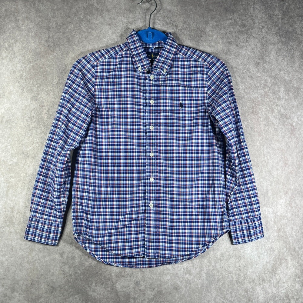 Ralph Lauren Performance Shirt Boys Medium 10-12 Blue Plaid‎ Button Down Casual